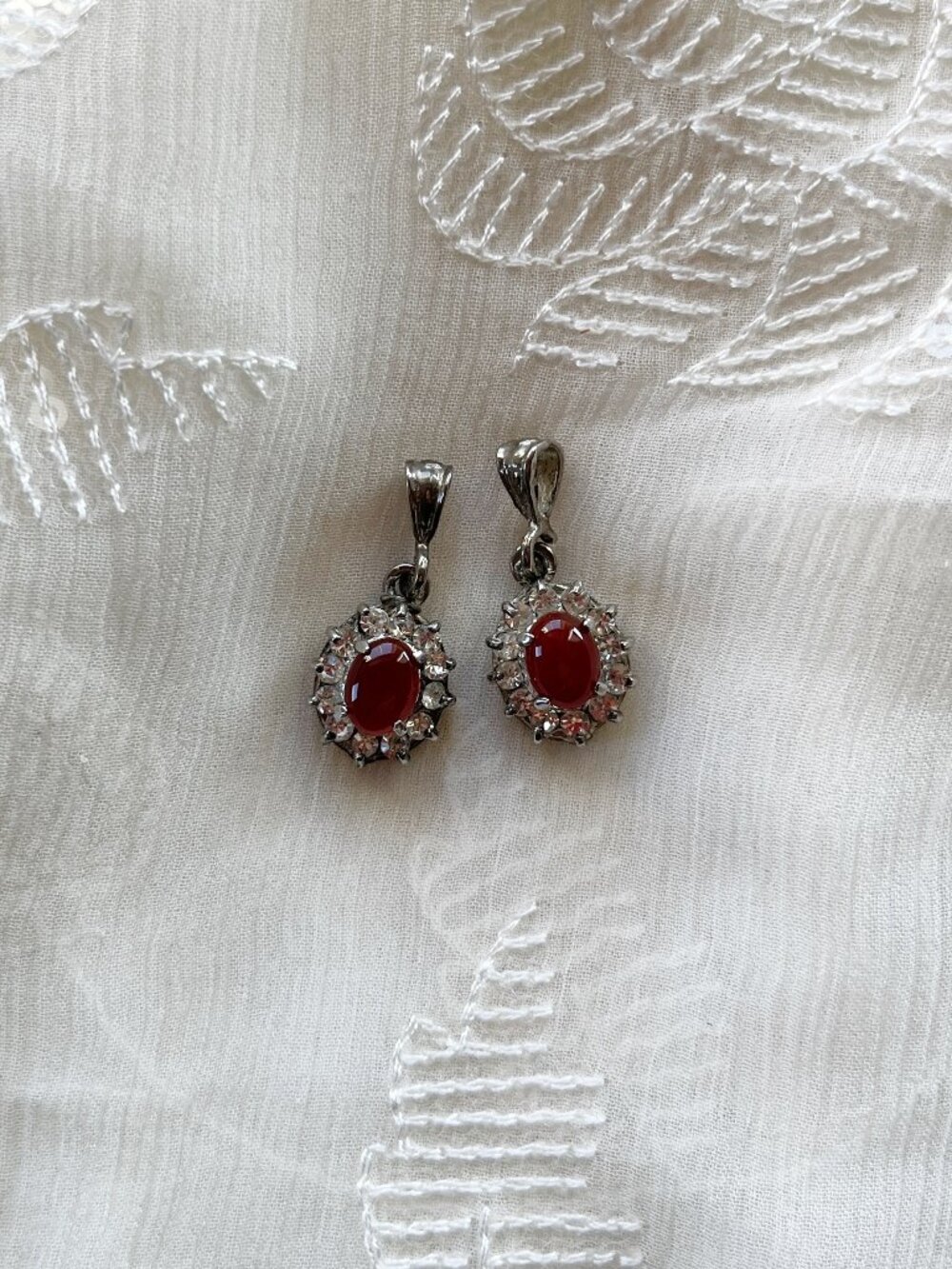 Iranian Red Beaded & Cubic Zirconia Halo Pendants Silver-Tone Set of 2 glam